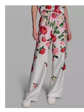 Karl Lagerfeld White Wide-Leg Satin Pants with Red & Pink Rose Print
